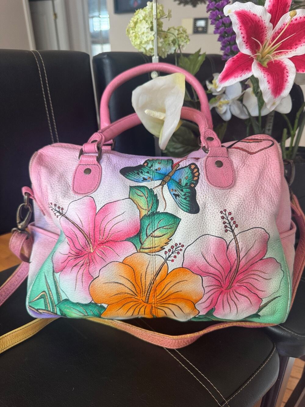 Anna Anuschka Hand painted butterfly flower satchel bg (30000
